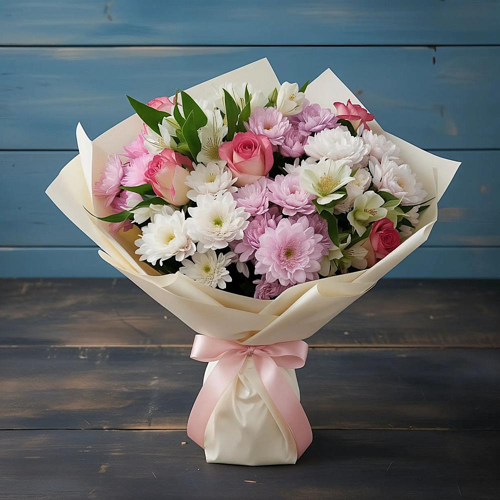 Букет цветов из: Хризантемы, Альстромерии и Розы в Ермаковском